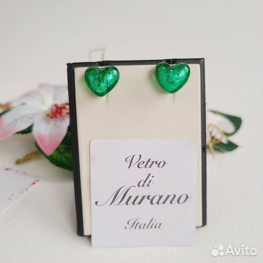 Серьги сердечки Муранское стекло