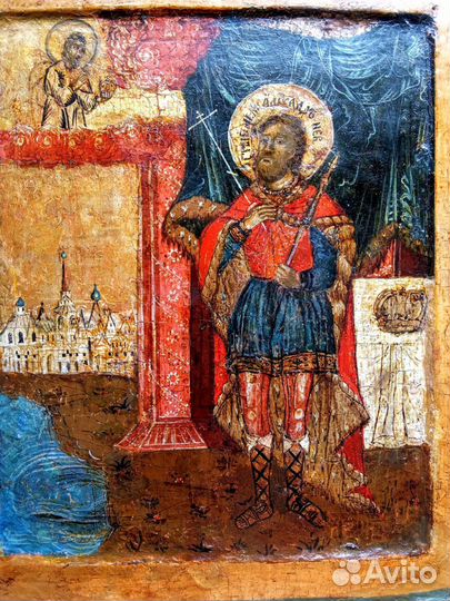 Икона старинная Александр Невский.18 век.Оклад