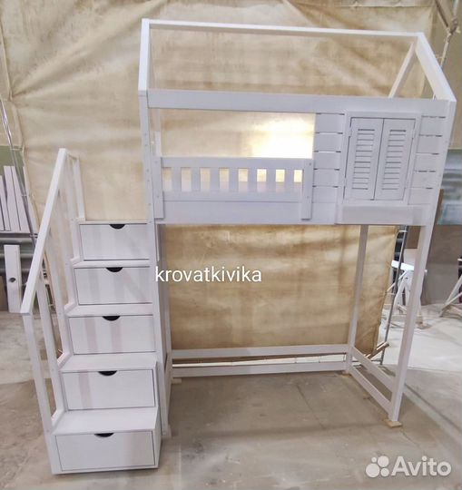 Детская Эко кровать чердак домик из массива