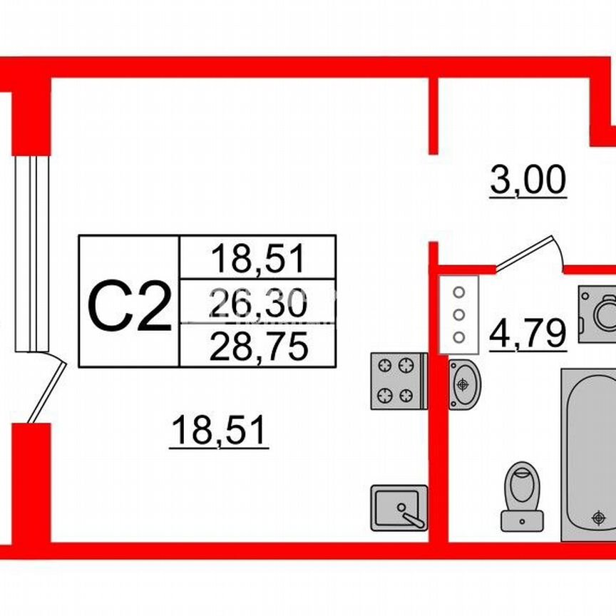 Квартира-студия, 26,3 м², 8/12 эт.