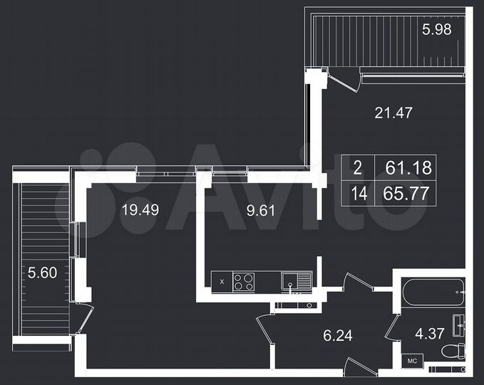 2-к. апартаменты, 65,8 м², 3/8 эт.