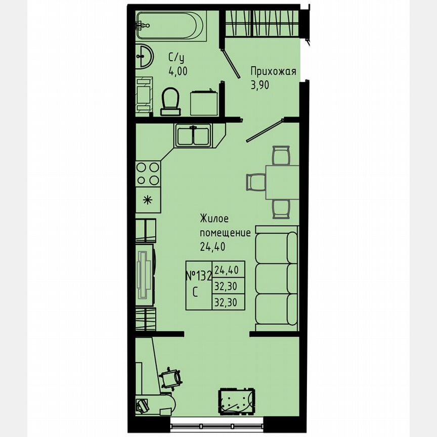 Квартира-студия, 32,3 м², 6/8 эт.