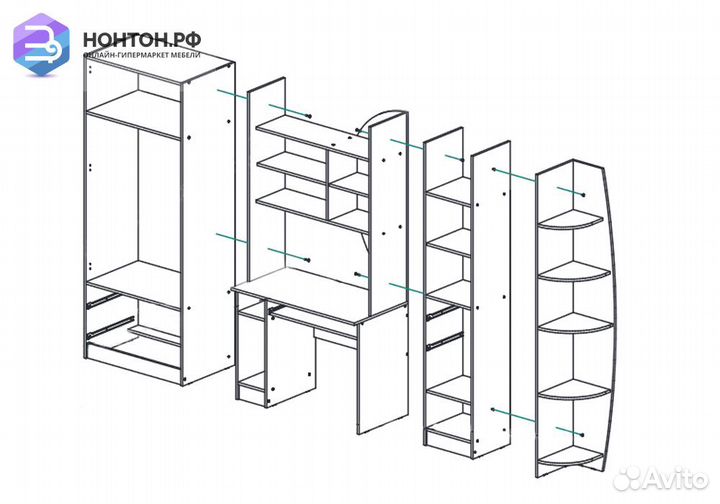 Стенка Юниор-2 салатовый металлик / дуб беленый
