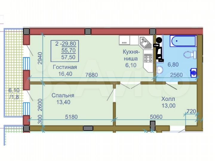 2-к. квартира, 57,5 м², 3/7 эт.