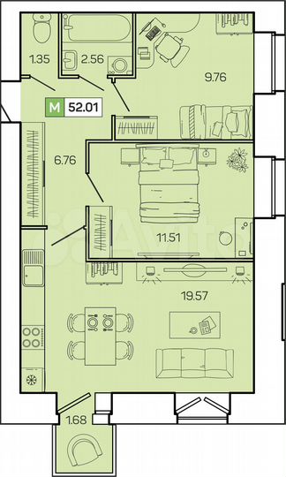 2-к. квартира, 52 м², 5/9 эт.