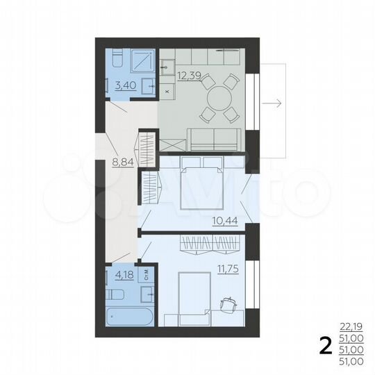 2-к. квартира, 51 м², 5/6 эт.