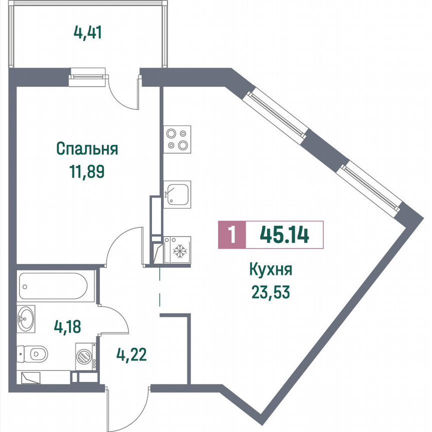 1-к. квартира, 45,1 м², 6/16 эт.