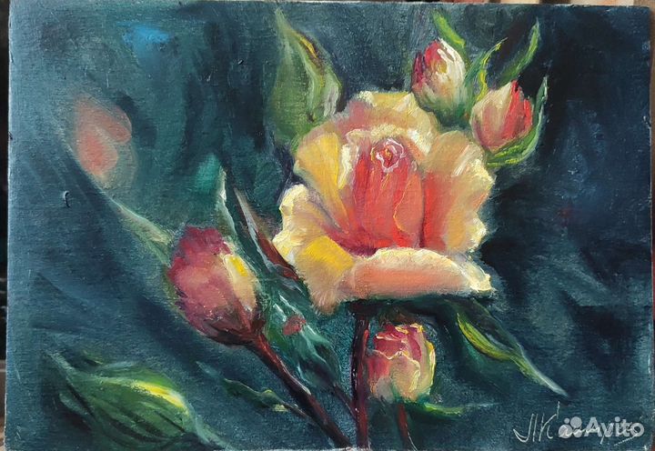 Картина маслом роза, ромашки