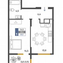 1-к. квартира, 41,1 м², 1/4 эт.