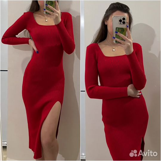Платье красное моделирующее с разрезом xs