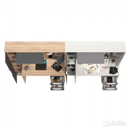 Два рабочих стола с надстройкой Mobi Комфорт 12.95N белый/серый шифер/дуб сонома/серый