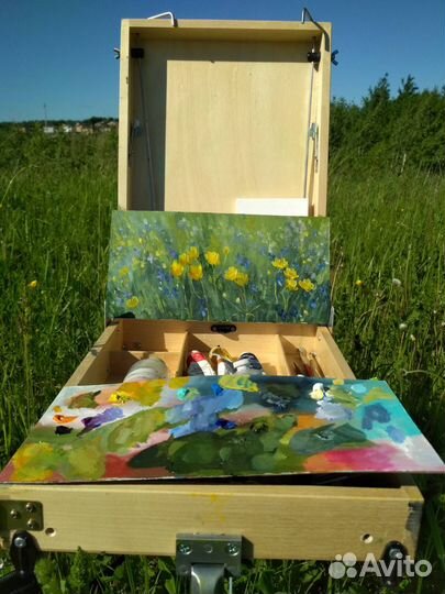 Картина маслом пейзаж с цветами. 15*30 см