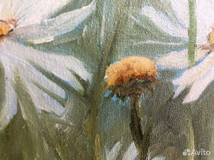 Итерьерная Картина цветы маслом ромашки голубая