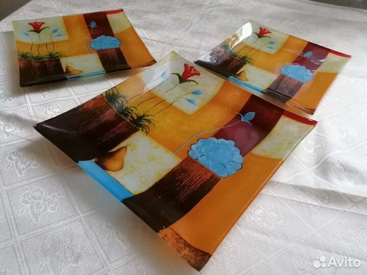 Набор квадратных тарелок, стекло