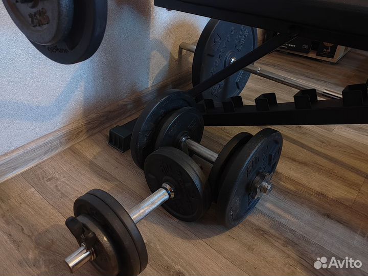 Штанга, грифы, скамья, гантели