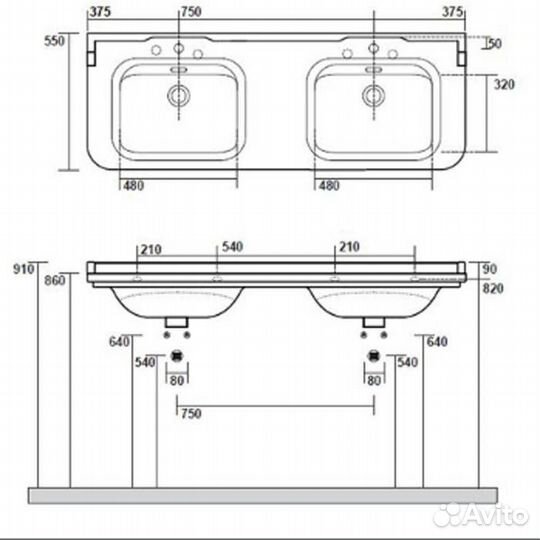 Kerasan Waldorf Раковина 150х55 см, 1 отв., двойна