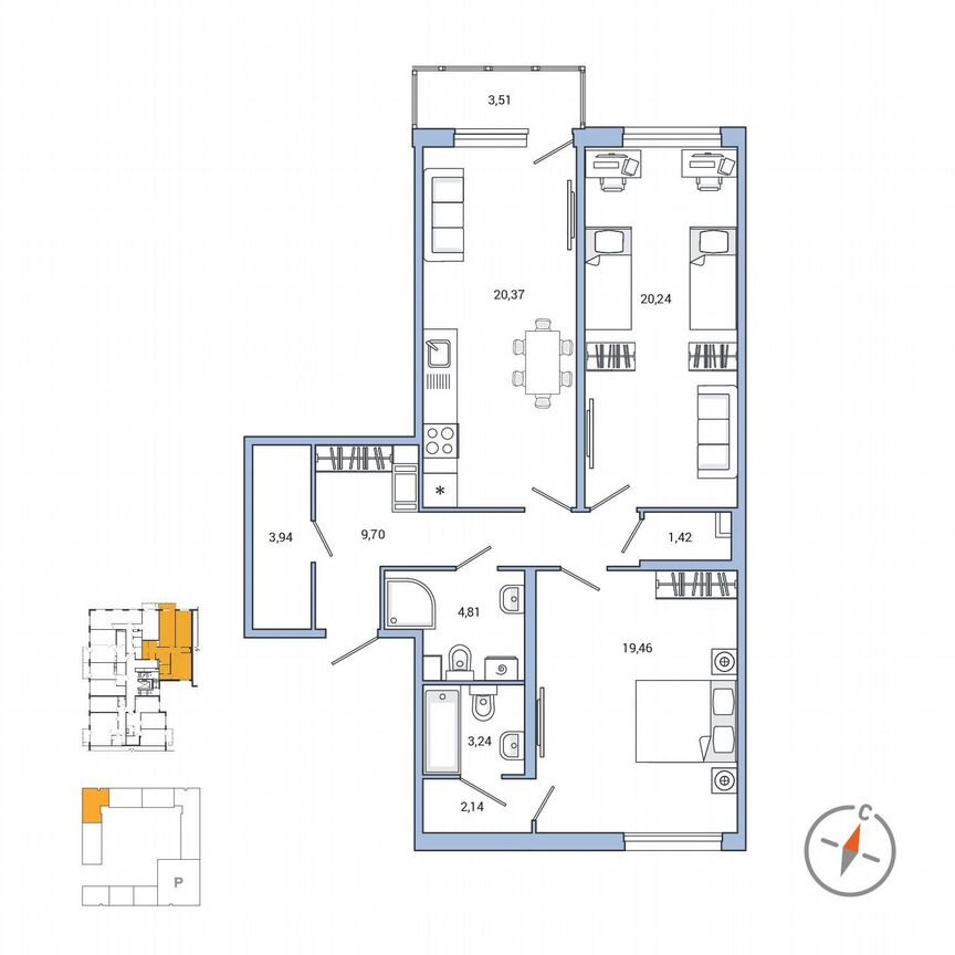2-к. квартира, 86,2 м², 2/7 эт.