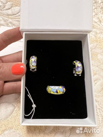 Серебряные серьги и кольцо с эмалью, новые