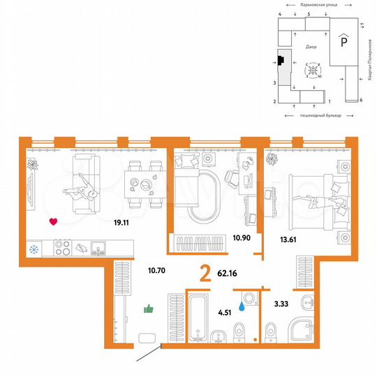 2-к. квартира, 62,2 м², 20/25 эт.