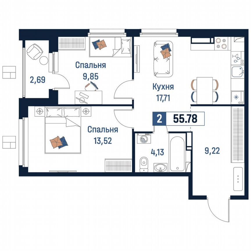 2-к. квартира, 55,8 м², 13/18 эт.