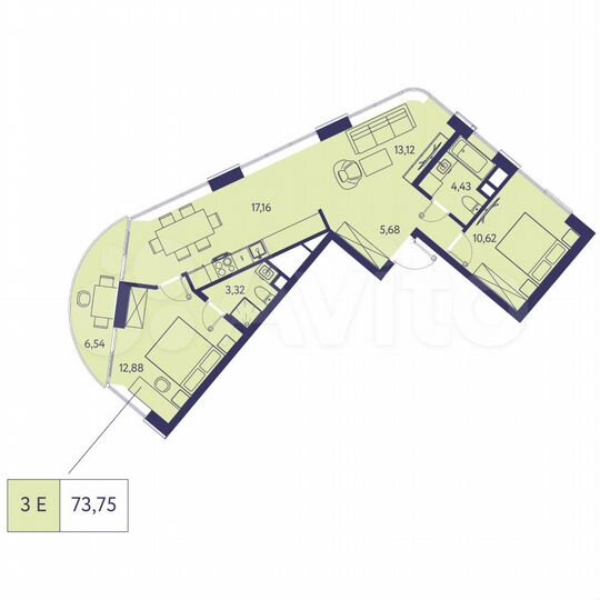 3-к. квартира, 73,8 м², 2/20 эт.