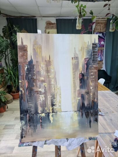 Картина маслом на холсте, город, абстракция