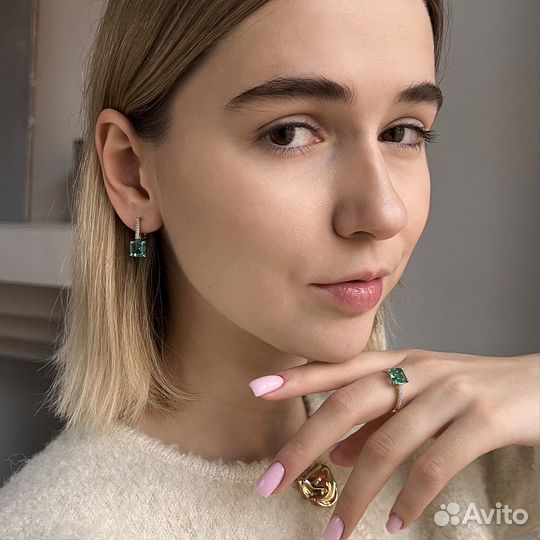 Золотое кольцо и серьги с ситаллом и фианитами