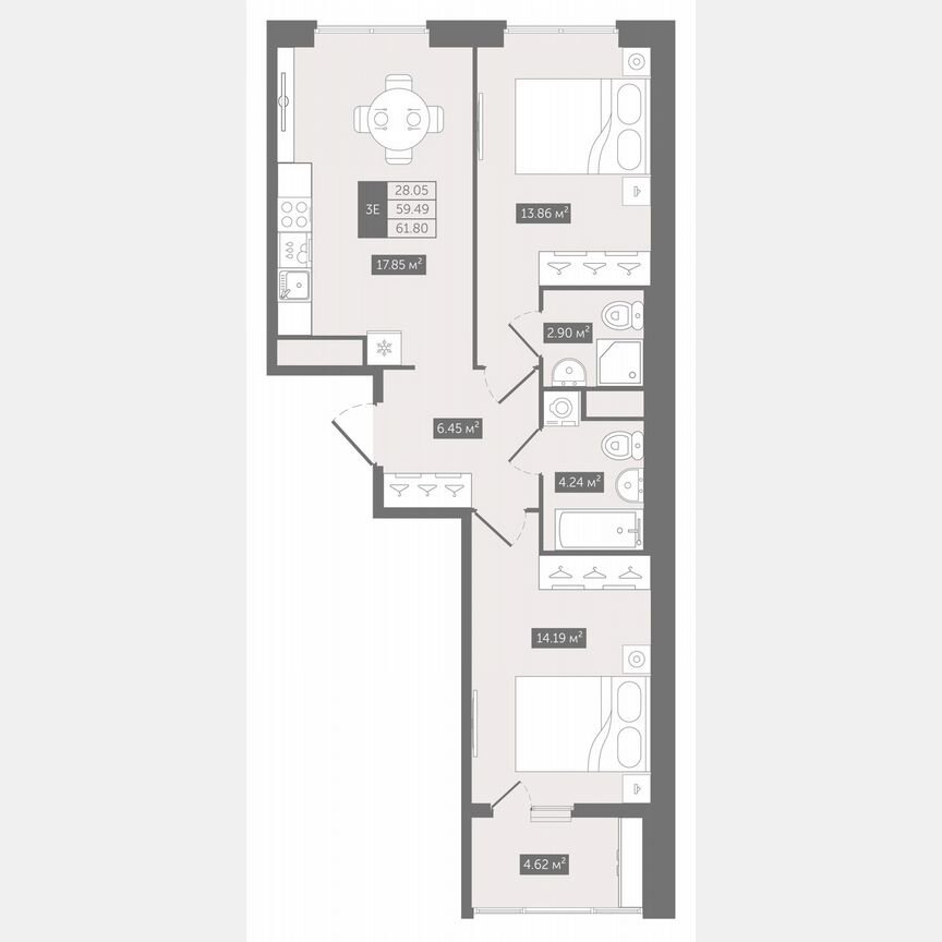 2-к. квартира, 62,3 м², 4/10 эт.
