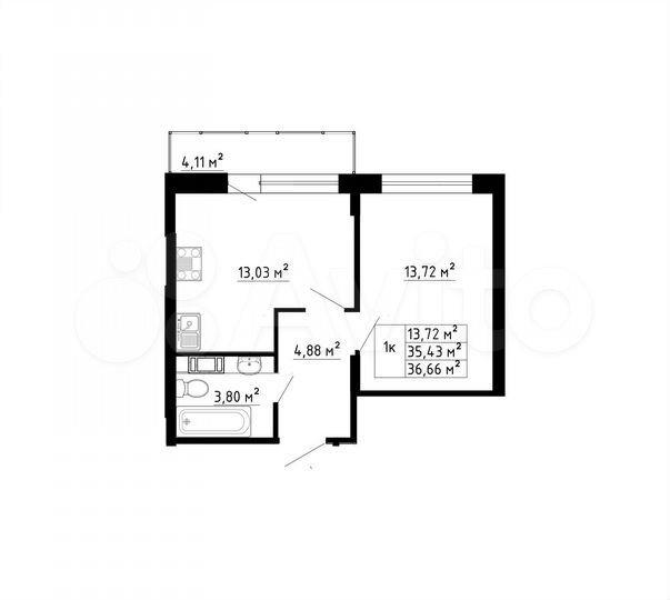 1-к. квартира, 35,3 м², 6/8 эт.