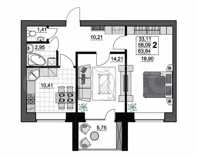 2-к. квартира, 63,8 м², 3/5 эт.