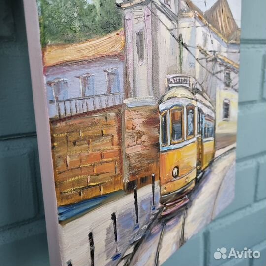 Португалия Лиссабон картина маслом с трамвайчиком