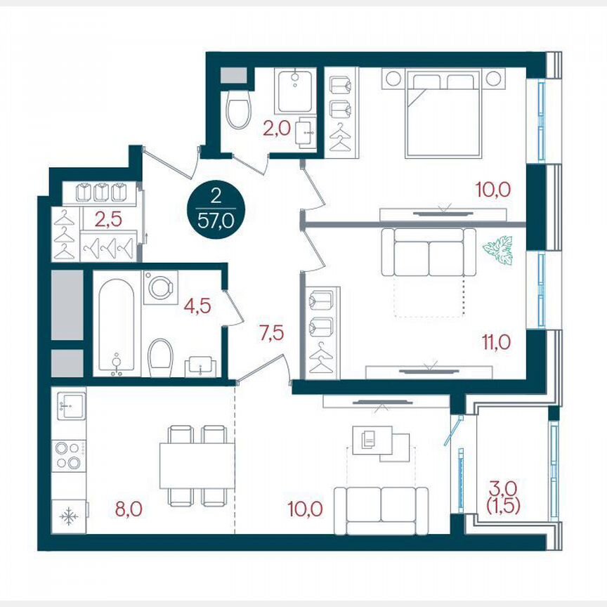 2-к. квартира, 57 м², 20/32 эт.
