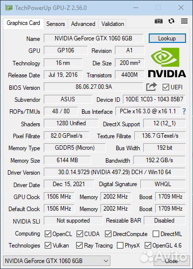 Видеокарта Asus Dual gtx 1060 6gb