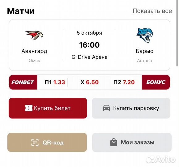 Билет Авангард-Барыс