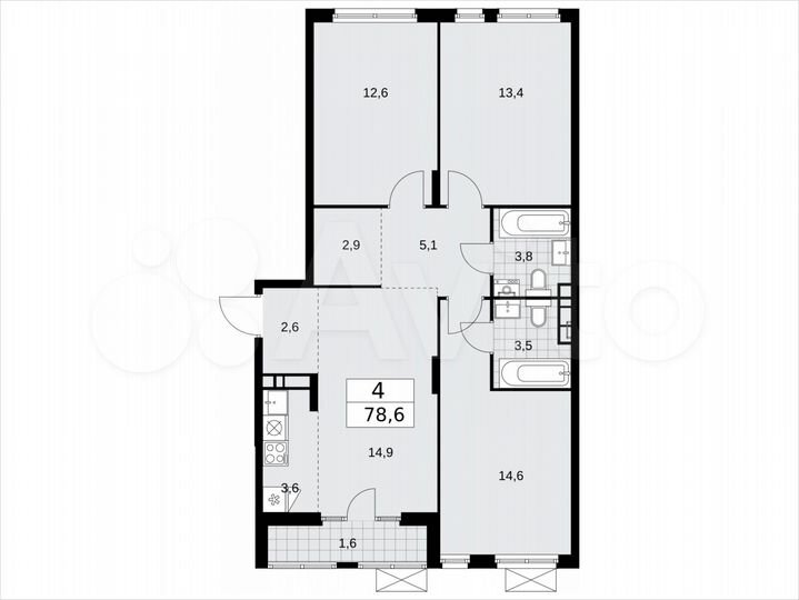 4-к. квартира, 78,6 м², 10/16 эт.