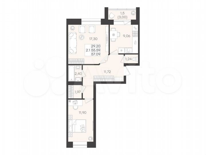 2-к. квартира, 57,1 м², 3/3 эт.