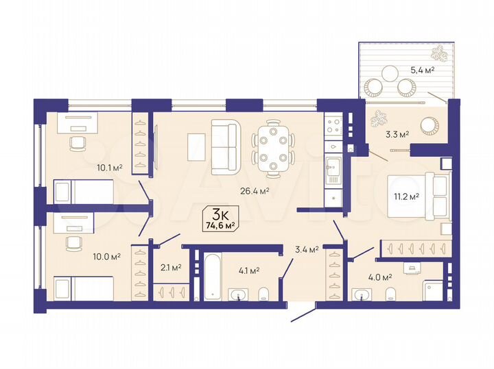 3-к. квартира, 74,6 м², 7/16 эт.