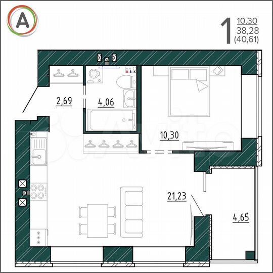 1-к. квартира, 40,6 м², 6/9 эт.
