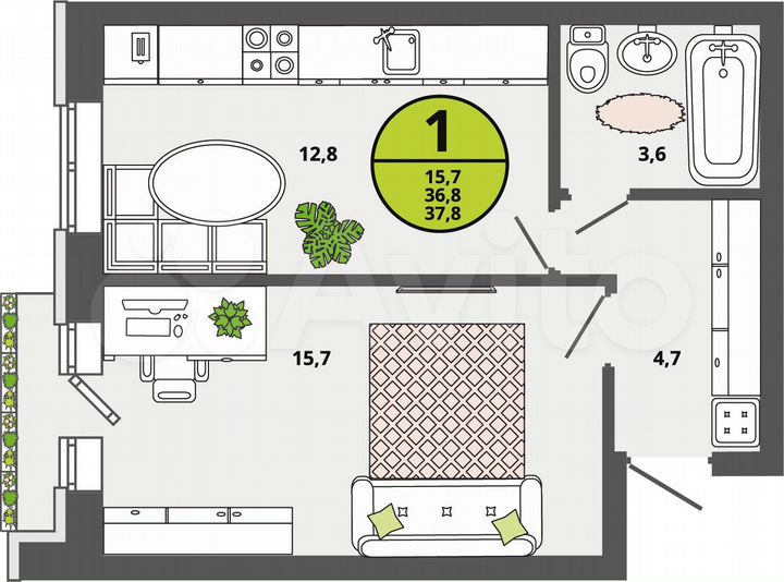 1-к. квартира, 36,8 м², 2/3 эт.