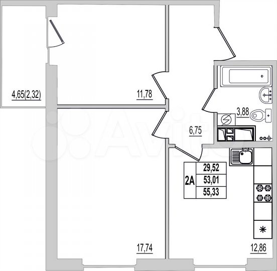 2-к. квартира, 55,3 м², 4/9 эт.