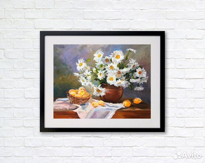 Картина маслом натюрморт с ромашками 50х60