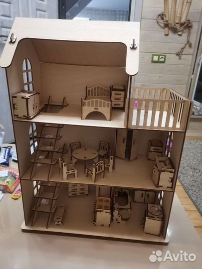 Деревянный Кукольный домик с мебелью