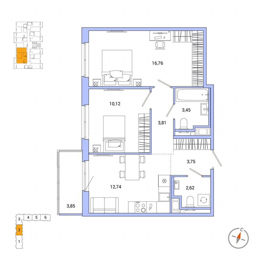 2-к. квартира, 54,4 м², 4/7 эт.