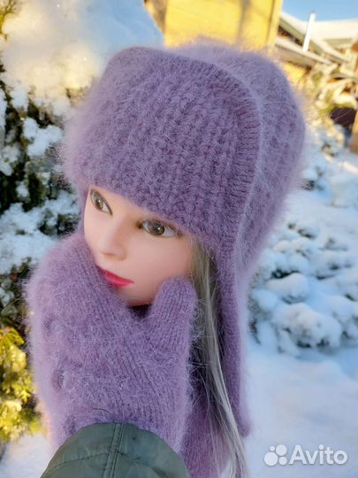 Шапка ушанка вязаная из пуха норки Варежки Снуд