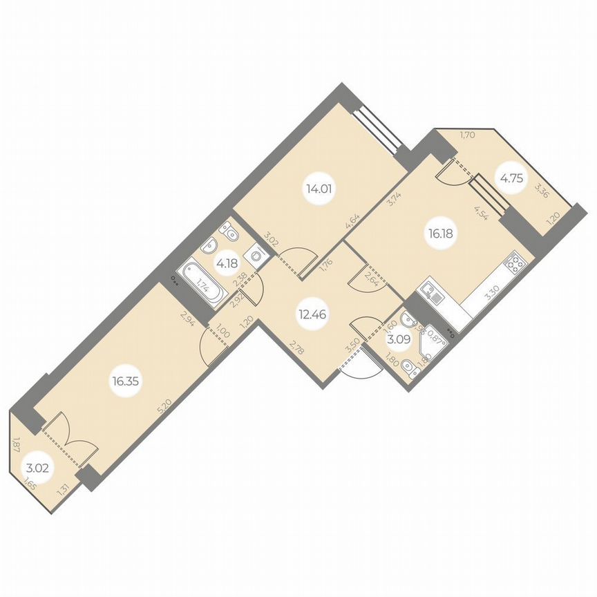 2-к. квартира, 70 м², 12/20 эт.