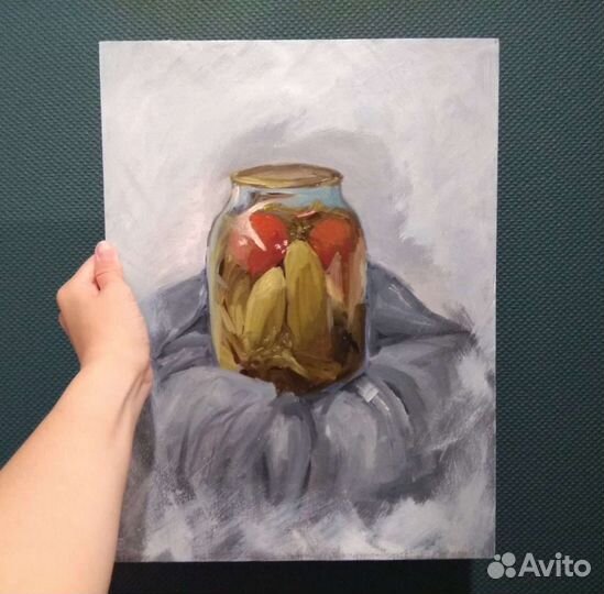 Картина маслом банка с огурцами, картина на кухню