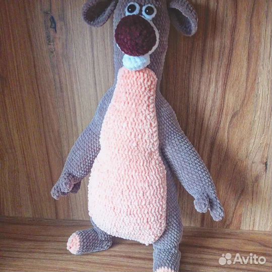 Мягкие вязаные игрушки медведь, зайчик, самолёт