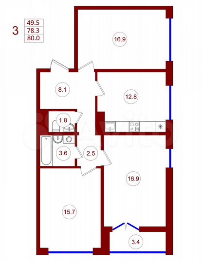 3-к. квартира, 80 м², 12/15 эт.