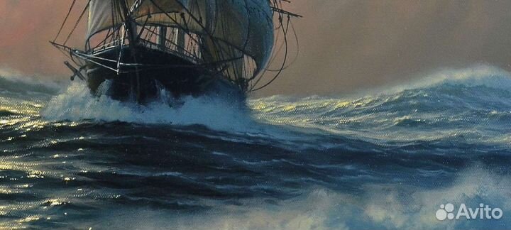 Картина маслом на холсте. Парусник полная луна