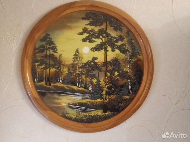 Картина из спила дерева с камнями большое